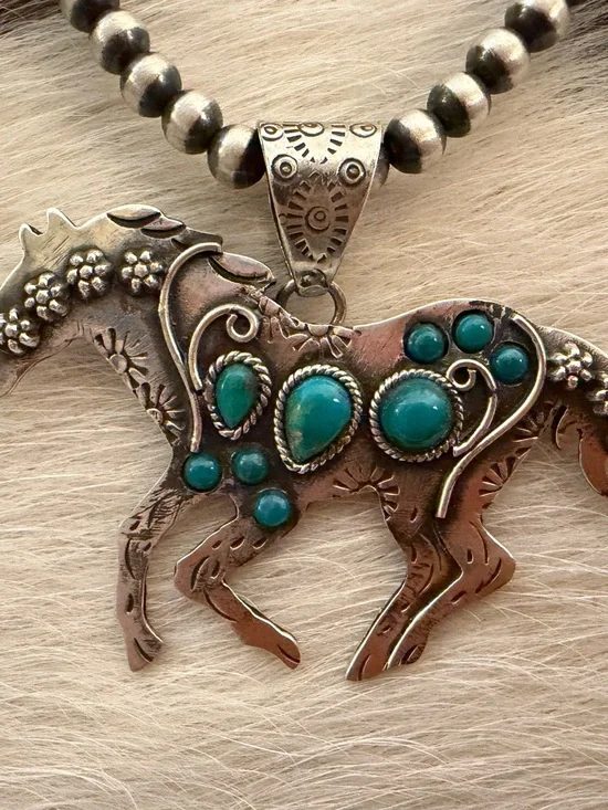 ❤️Kingman Turquoise Sterling Hand Stamped Statement Running Horse Pendant 2.41”W - Picture 5 of 12